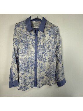 Isaac Mizrahi Live Womens Floral Button-Down Shirt Top XL Blue White Silk Cotton